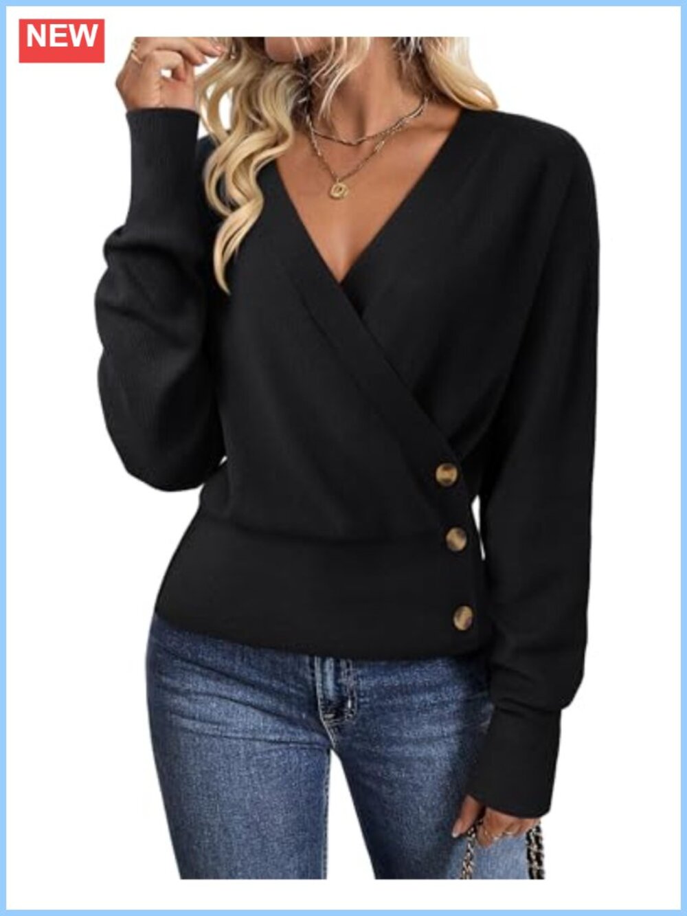 Womens V Neck Pullover Sweater Long Sleeve Knit Loose Fit Casual Top